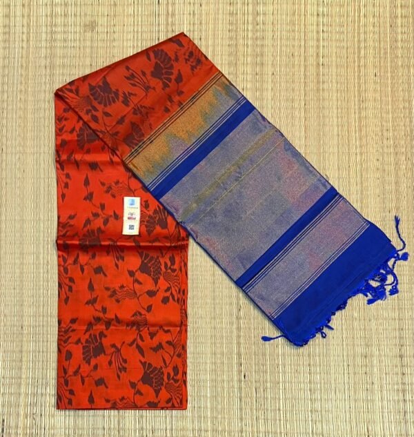 The Fiery Ochre & Imperial Blue Pochampally Ikat Silk Saree