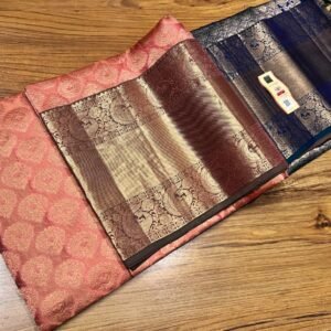 Graceful Peach & Silver Zari Kanchipuram Silk Saree with Royal Blue Border