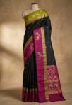Classic Black Gold Zari Silk Saree with Rani Pink Deer Motif Border