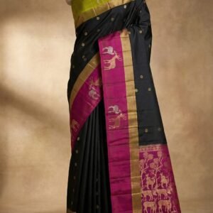 Classic Black Gold Zari Silk Saree with Rani Pink Deer Motif Border