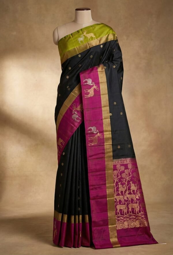 Classic Black Gold Zari Silk Saree with Rani Pink Deer Motif Border