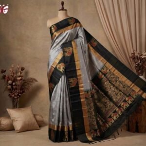 Royal Grey Silk Saree with Gold Zari Border & Majestic Elephant Pallu