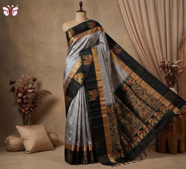 Royal Grey Silk Saree with Gold Zari Border & Majestic Elephant Pallu