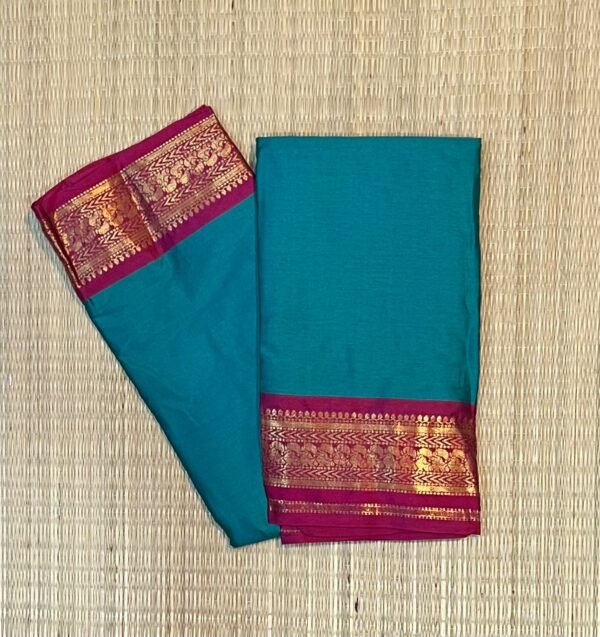 Teal Blue Kalyani Cotton Saree with Pink Border and Gold Zari Weaving