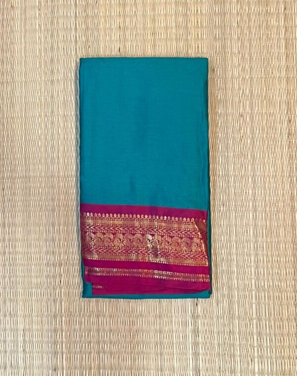 Teal Blue Kalyani Cotton Saree with Pink Border and Gold Zari Weaving