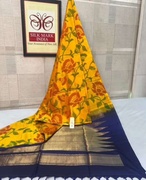 The Sun-Drenched Citrine & Royal Navy Pochampally Silk Saree