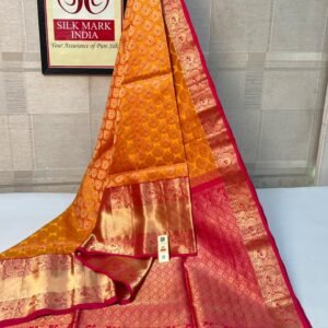 Radiant Mustard Orange Silk Saree with Gold Zari Work & Pink Contrast Pallu