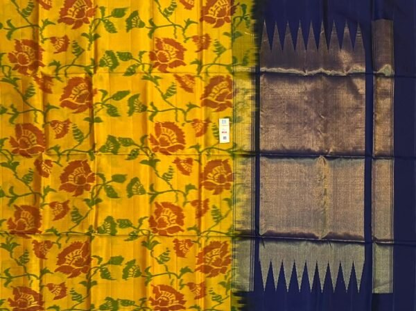 The Sun-Drenched Citrine & Royal Navy Pochampally Silk Saree