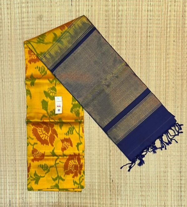 The Sun-Drenched Citrine & Royal Navy Pochampally Silk Saree