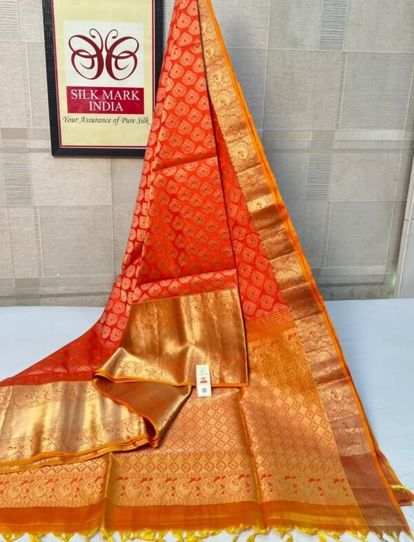 Radiant Orange Silk Saree with Rich Gold Zari Weaving & Grand Traditional Border