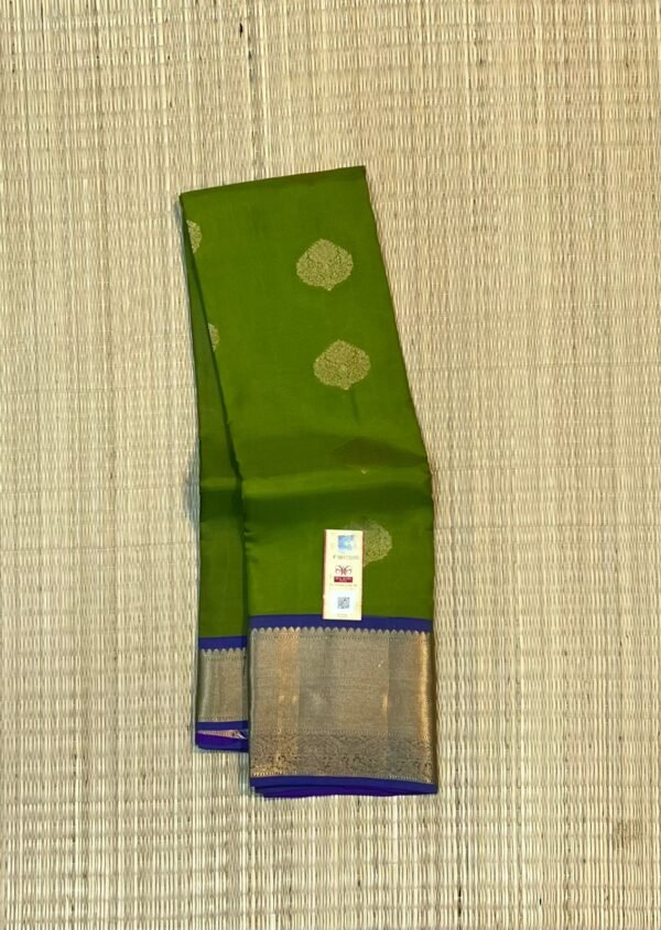 Elegant Parrot Green Silk Saree with Rich Gold Zari Border & Purple Pallu