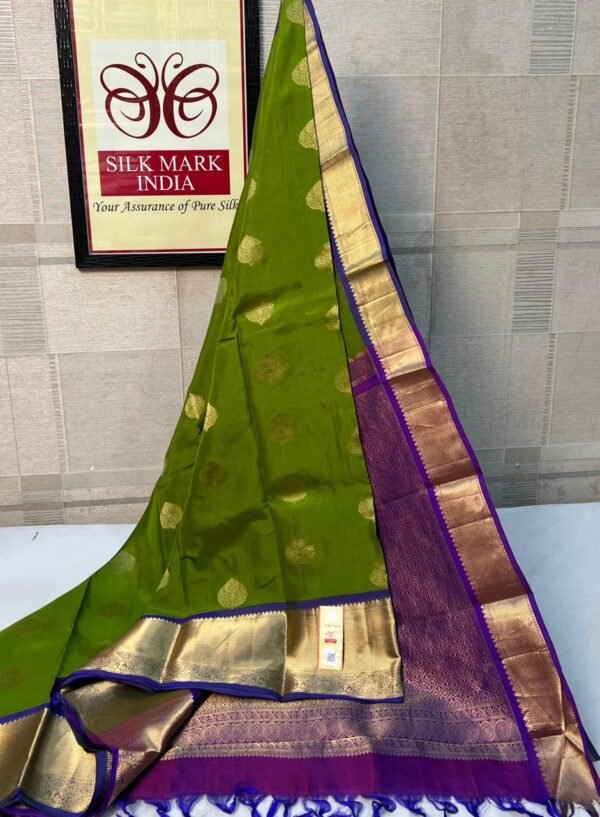 Elegant Parrot Green Silk Saree with Rich Gold Zari Border & Purple Pallu