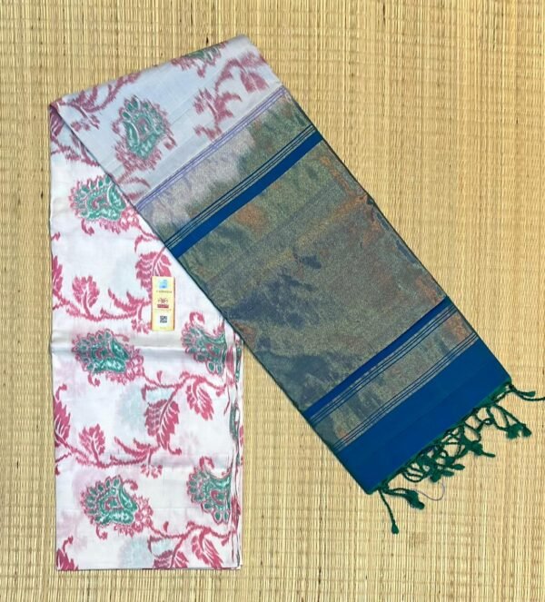 The Moonlit Ivory & Peacock Teal Pochampally Silk Saree