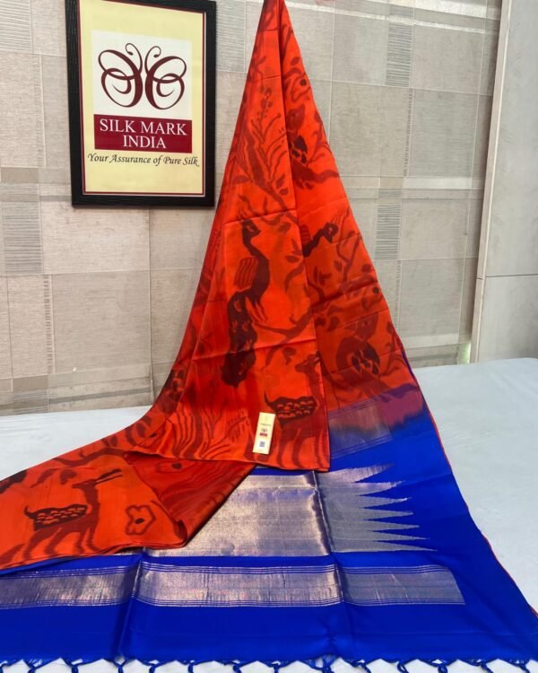 The Sunset Ochre & Cobalt Blue Vana-Ikat Silk Saree