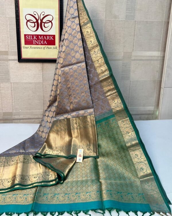 Elegant Grey & Silver Zari Kanchipuram Silk Saree with Teal Green Border