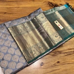 Elegant Grey & Silver Zari Kanchipuram Silk Saree with Teal Green Border