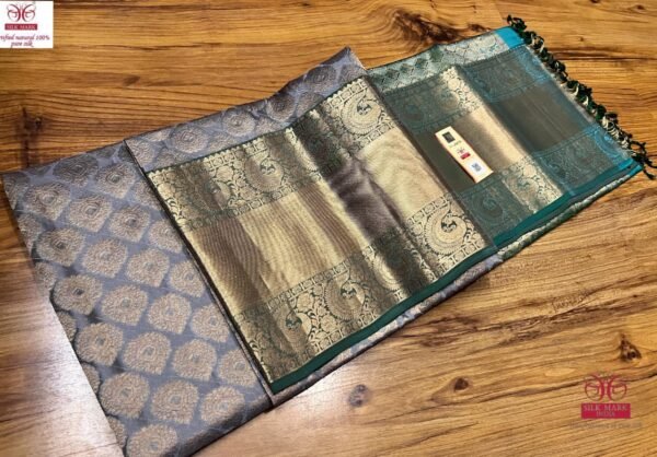 Elegant Grey & Silver Zari Kanchipuram Silk Saree with Teal Green Border
