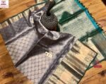 Elegant Grey & Silver Zari Kanchipuram Silk Saree with Teal Green Border