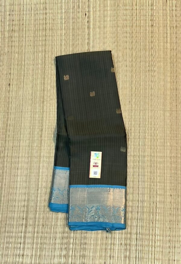 Elegant Coffee Brown Silk Saree with Teal Blue Korvai Border & Gold Zari Buttas