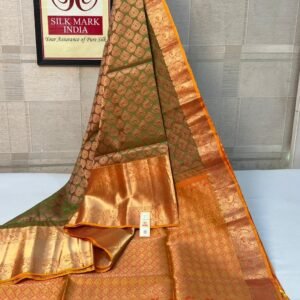 Elegant Olive Green Silk Saree with Antique Gold Zari Buttas & Royal Border