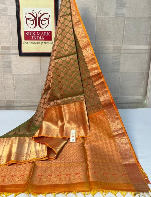 Elegant Olive Green Silk Saree with Antique Gold Zari Buttas & Royal Border