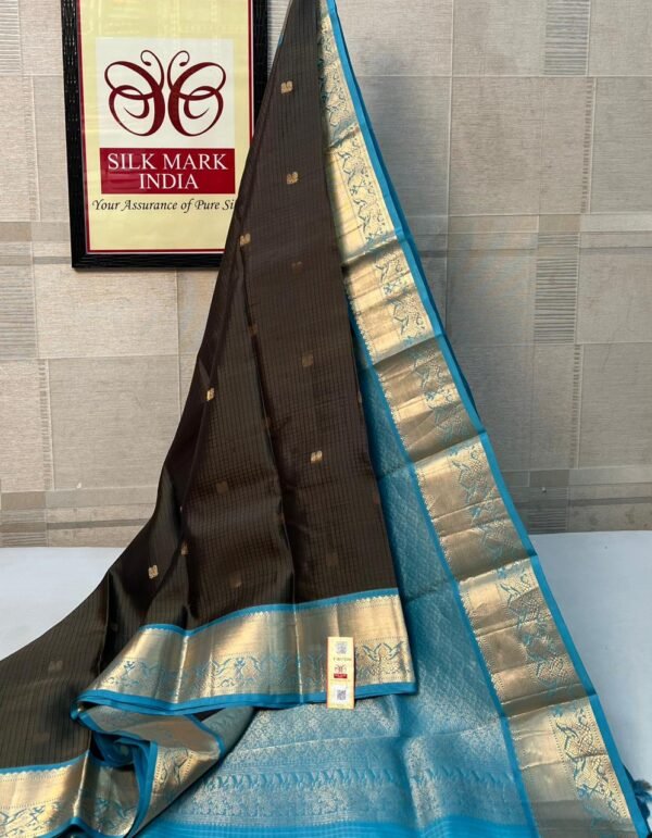 Elegant Coffee Brown Silk Saree with Teal Blue Korvai Border & Gold Zari Buttas
