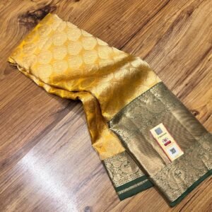 Radiant Mustard Yellow & Silver Zari Kanchipuram Silk Saree with Navy Blue Border