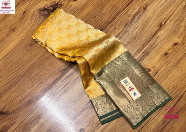 Radiant Mustard Yellow & Silver Zari Kanchipuram Silk Saree with Navy Blue Border