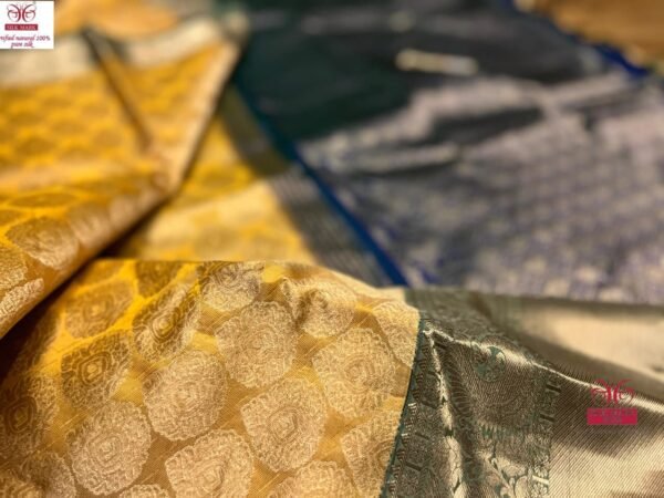 Radiant Mustard Yellow & Silver Zari Kanchipuram Silk Saree with Navy Blue Border