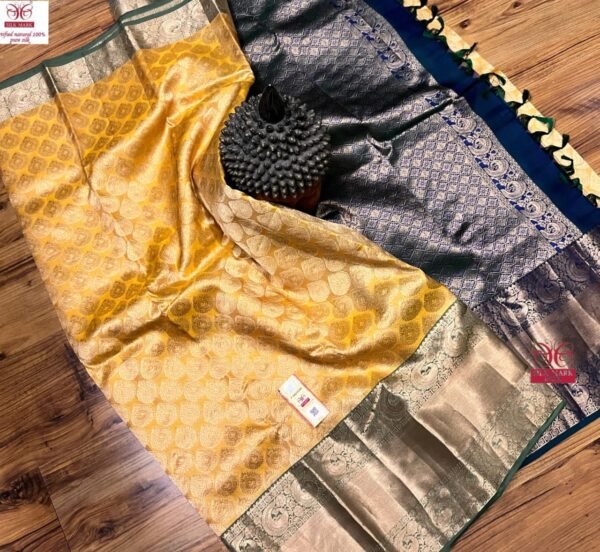Radiant Mustard Yellow & Silver Zari Kanchipuram Silk Saree with Navy Blue Border