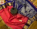 Vibrant Coral Pink Silk Saree with Royal Blue Korvai Border & Gold Zari Buttas