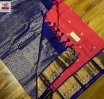 Vibrant Coral Pink Silk Saree with Royal Blue Korvai Border & Gold Zari Buttas