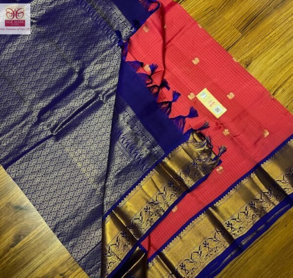 Vibrant Coral Pink Silk Saree with Royal Blue Korvai Border & Gold Zari Buttas