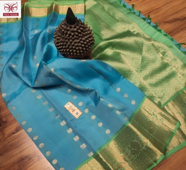 Elegant Turquoise Blue & Parrot Green Kanchipuram Silk Saree with Rich Gold Zari Weaving