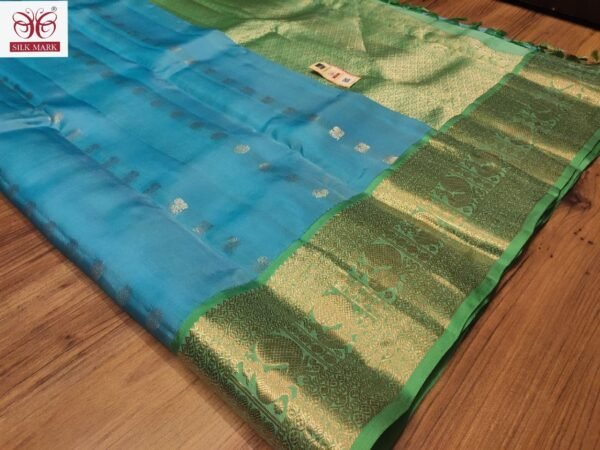 Elegant Turquoise Blue & Parrot Green Kanchipuram Silk Saree with Rich Gold Zari Weaving