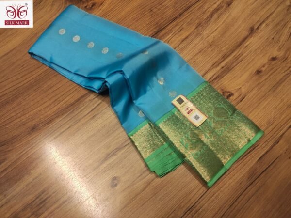 Elegant Turquoise Blue & Parrot Green Kanchipuram Silk Saree with Rich Gold Zari Weaving