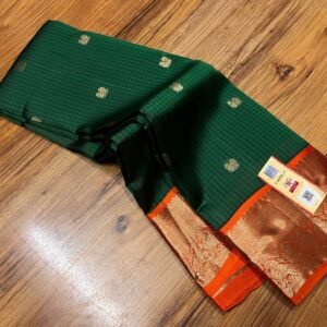 Rich Emerald Green Silk Saree with Orange Korvai Border & Gold Zari Buttas