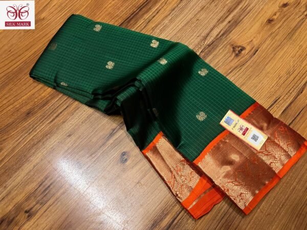 Rich Emerald Green Silk Saree with Orange Korvai Border & Gold Zari Buttas