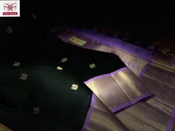 Classic Black Silk Saree with Lavender Korvai Border & Rich Gold Zari Buttas