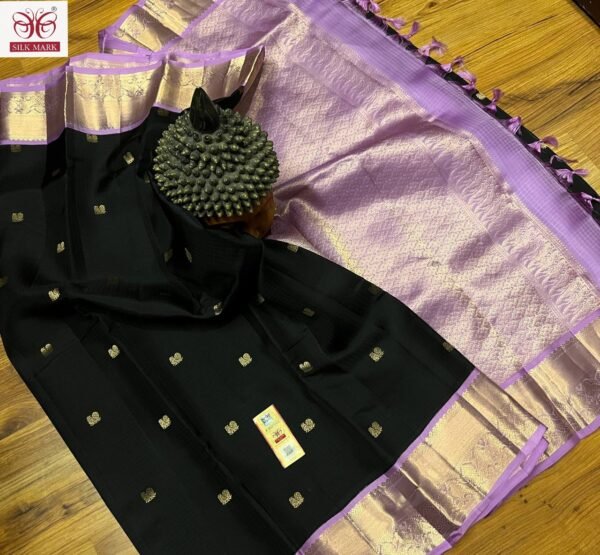 Classic Black Silk Saree with Lavender Korvai Border & Rich Gold Zari Buttas