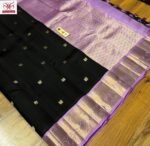 Classic Black Silk Saree with Lavender Korvai Border & Rich Gold Zari Buttas