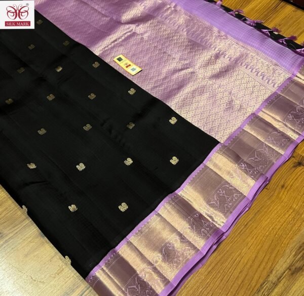 Classic Black Silk Saree with Lavender Korvai Border & Rich Gold Zari Buttas