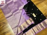 Classic Black Silk Saree with Lavender Korvai Border & Rich Gold Zari Buttas