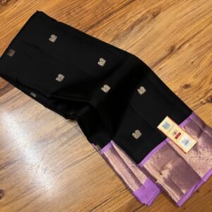 Classic Black Silk Saree with Lavender Korvai Border & Rich Gold Zari Buttas