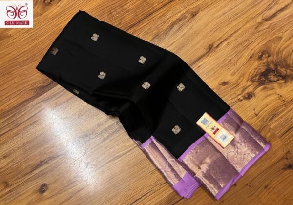 Classic Black Silk Saree with Lavender Korvai Border & Rich Gold Zari Buttas
