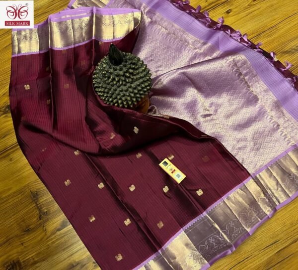 Rich Maroon Silk Saree with Gold Zari Buttas & Lavender Korvai Border