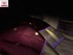 Rich Maroon Silk Saree with Gold Zari Buttas & Lavender Korvai Border
