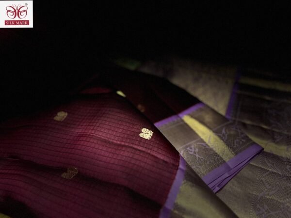 Rich Maroon Silk Saree with Gold Zari Buttas & Lavender Korvai Border