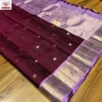 Rich Maroon Silk Saree with Gold Zari Buttas & Lavender Korvai Border