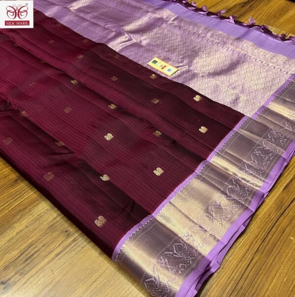 Rich Maroon Silk Saree with Gold Zari Buttas & Lavender Korvai Border